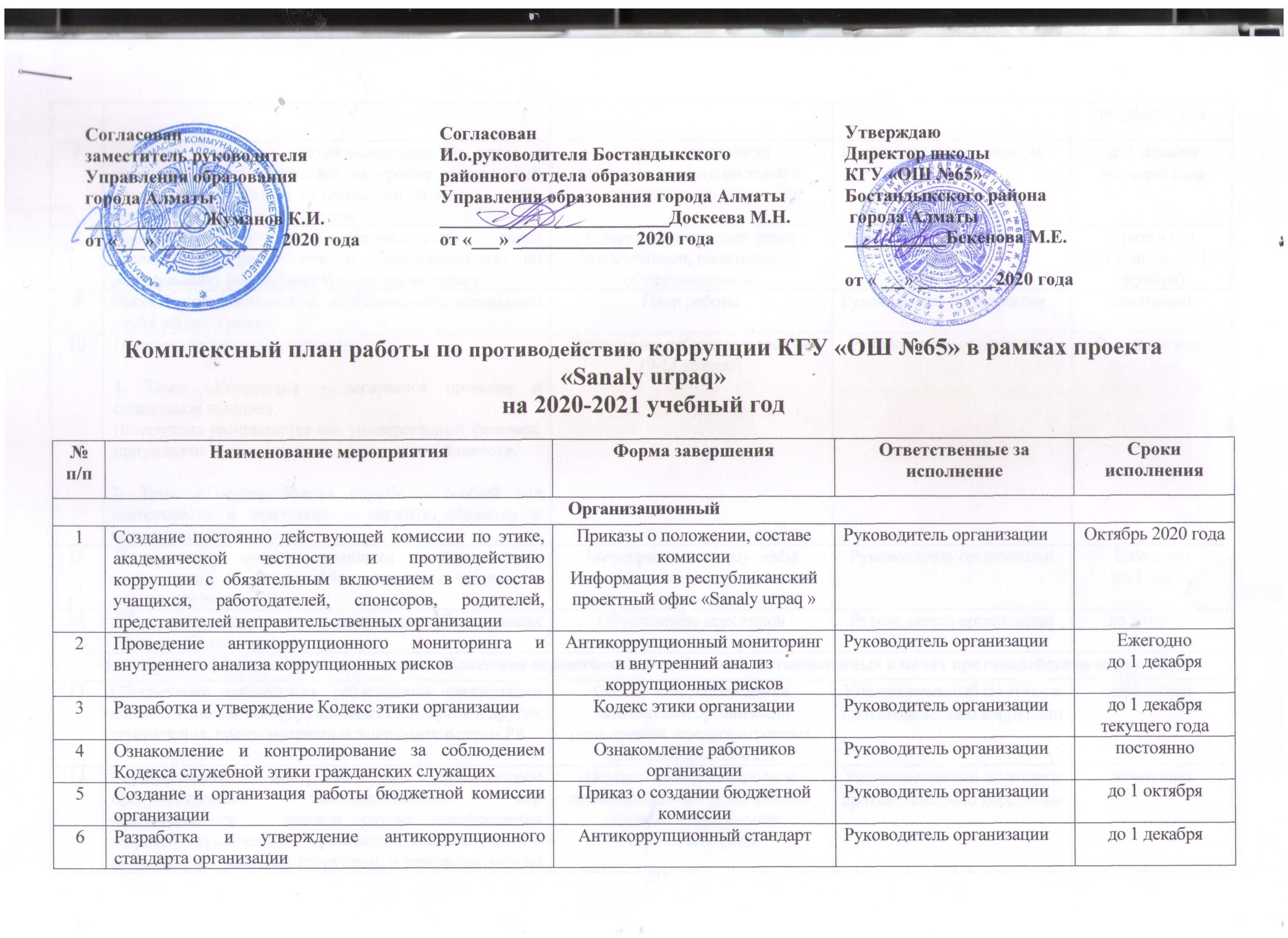 Комплексный план работы по противодействию коррупции КГУ "ОШ№65" в рамках проекта "Sanaly urpaq" на 2020 - 2021 учебный год
