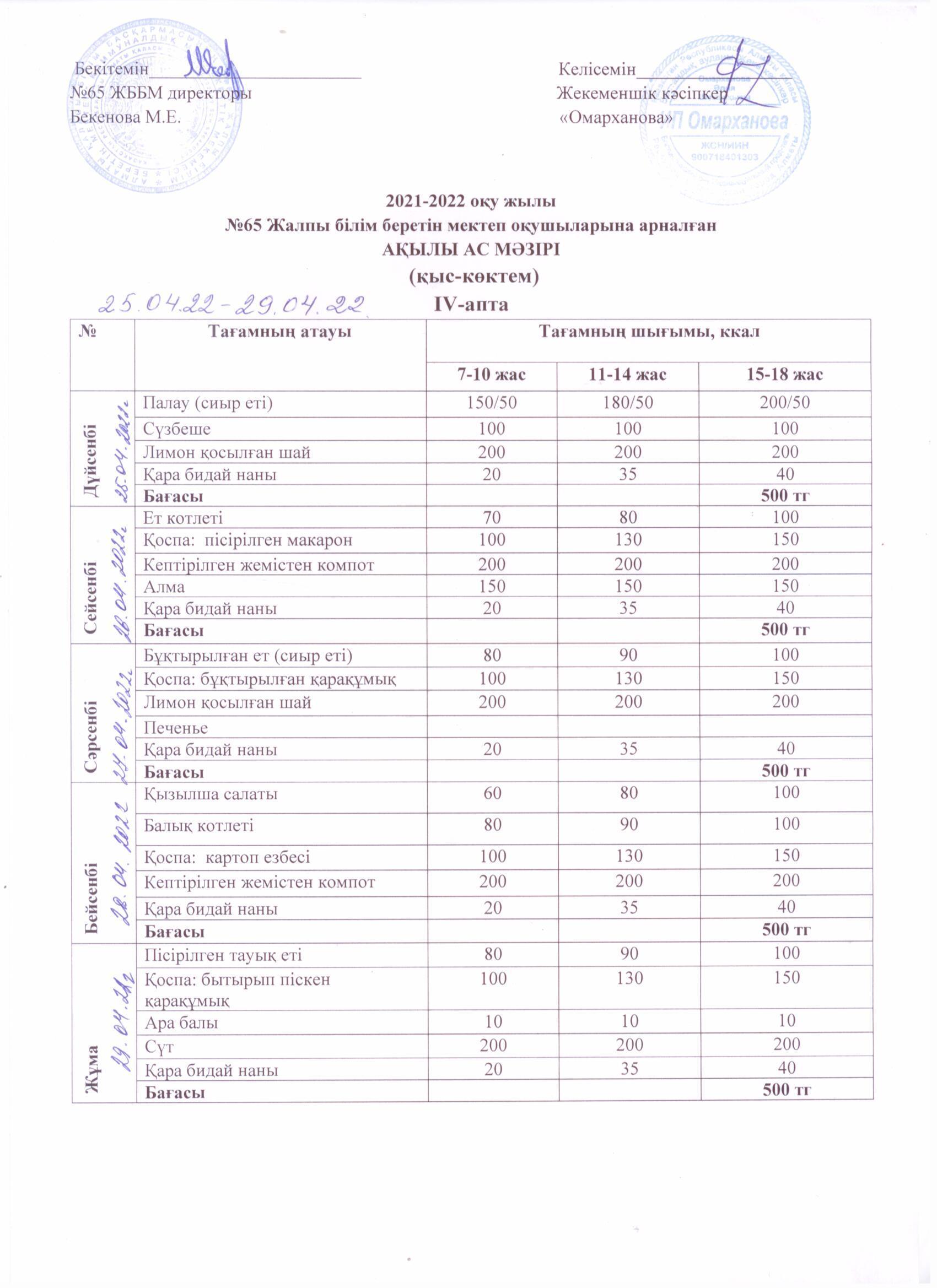 Меню платное и бесплатное  с 25.04 по 29.04.2022г