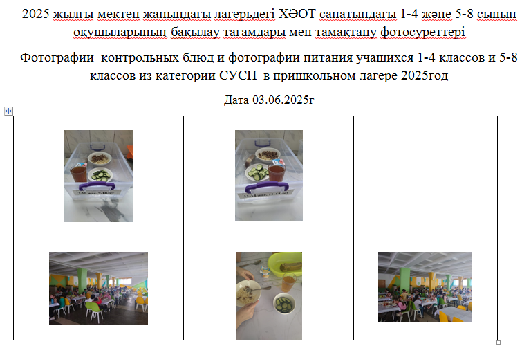 03.06.2025 ж. "Солнышко" мектеп жанындағы лагерінің тегін мәзірі./// Бесплатное меню пришкольного лагеря  " Солнышко" за 03.06.2025г.