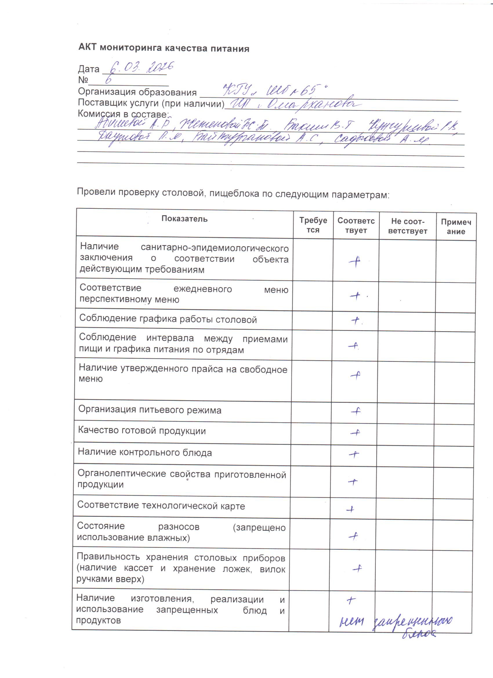 06.03.2026 ж. бракераждық комиссияның мектеп асханасын тексерудің №6 актісі./// Акт №6 проверки школьной столовой  бракеражной комиссией за 06.03.2026