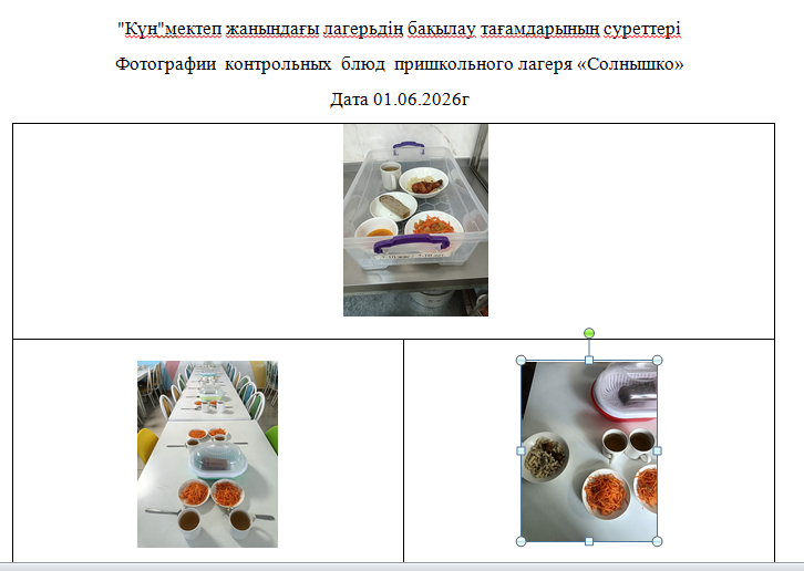 01.06.2026 Ж. арналған "Күн" мектеп жанындағы лагерінің тегін мәзірі./// Бесплатное меню пришкольного  лагеря " Солнышко" на 01.06.2026г
