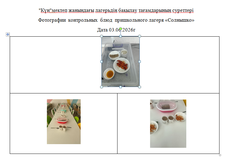 03.06.2026 Ж. арналған "Күн" мектеп жанындағы лагерьдің тегін мәзірі./// Бесплатное меню пришкольного лагеря " Солнышко"   на 03.06.2026г.