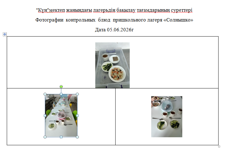 05.06.2026 Ж. арналған "Күн" мектеп жанындағы лагерінің тегін мәзірі./// Бесплатное меню пришкольного лагеря " Солнышко" на 05.06.2026г.