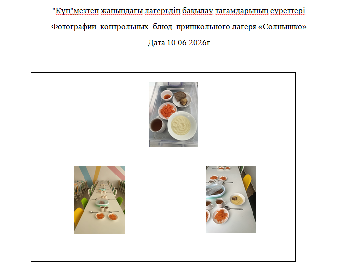 10.06.2026 Ж. арналған "Күн" мектеп жанындағы лагерьге арналған тегін мәзір./// Бесплатное меню для пришкольного лагеря " Солнышко"  на 10.06.2026г.